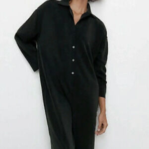 ZARA Sz L Knit Jersey Palazzo Style Soft Long Sleeve  Button Closure Jumpsuit